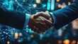 © pinkrabbit - Close up of business people shaking hands against technology background, leader, teamwork, target, Aim, confident, achievement, goal, on plan, finish, generate by AI