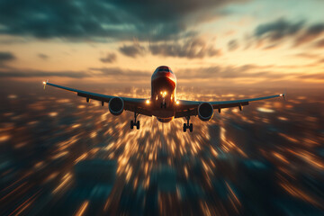 Airplane zooming through the city skyline at golden hour, representing business travel and fast-paced modern life, perfect for commercial use in aviation and marketing. Commercial