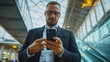 © wikkie - A man in a suit using a smartphone while standing in a modern, well-lit space.
