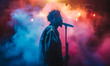 © Bartek - Live Hip Hop Rap Concert Performance with Pink and Blue Smoke, Nighttime Event, Artist Singing on Stage with Microphone in Hand, Vibrant and Atmospheric Music Show