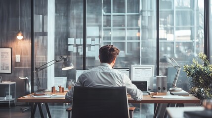 Wall Mural - A man in a white shirt sits at a desk in a modern office, working on a computer.