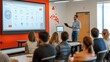 © Johannes - A speaker engages the audience while presenting a digital marketing plan using a large screen in a contemporary classroom