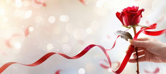 Sticker - Elegant Valentine's Day Banner Featuring a Rose with Red Ribbon for Luxurious Design