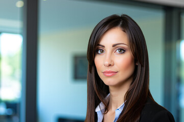 Confident businesswoman smiling in modern office building