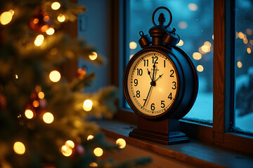 decorated fir tree views clock countdown retro style near midnight view year