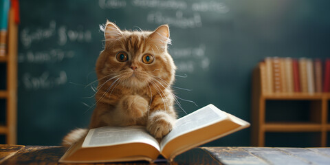 Wall Mural - A fluffy orange cat student with large eyes is sitting at a desk, curiously looking at an open book. The background features a chalkboard with writing and bookshelves filled with books.