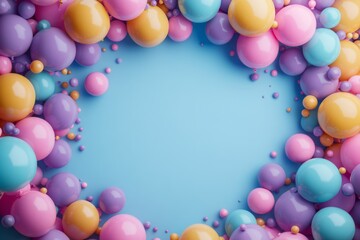 Blue and pink balloons forming a frame on a blue background