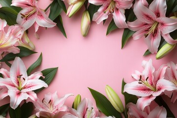 Wall Mural - Pink and white lilies forming a frame on a pink background