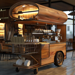 A stylish mobile coffee cart with a unique wooden design, equipped with an espresso machine and other coffee-making tools, ready to serve customers.