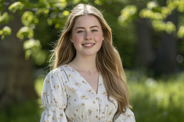 A young woman with long, flowing hair smiles warmly at the camera. She is wearing a white dress with floral patterns, standing outdoors in a lush green environment with soft sunlight