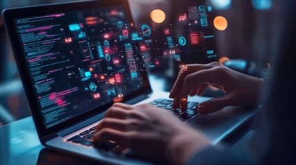 person using laptop with digital icons for analytics and automation floating above the keyboard