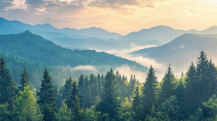  Beautiful landscape of green forest at sunset in the sunlight
