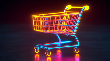 Shopping cart on shiny surface with reflection