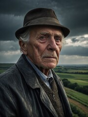 Elderly Caucasian man with white hair and beard wearing hat, standing in rural landscape with cloudy skies