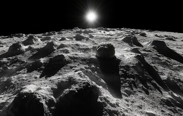 A stunning view of the moon's rugged terrain illuminated by the sun in space