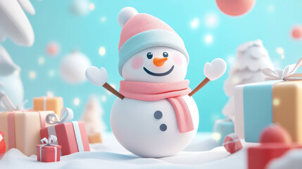 Cheerful snowman wearing pink and blue hat and scarf, surrounded by colorful gifts and winter backdrop, radiates joy and festive spirit