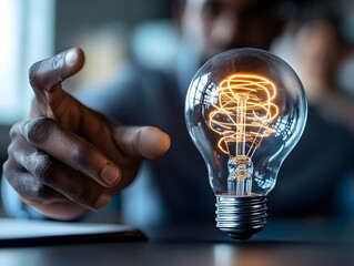 Hand reaching towards a glowing light bulb symbolizing creativity and innovation