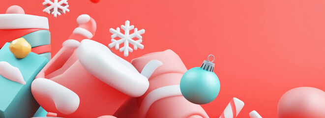 colorful 3D Christmas scene featuring vibrant gifts, ornaments, and snowflakes, creating festive and cheerful atmosphere