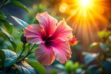 Canvas Print - Pink hibiscus flower in bloom with sunlight through petals