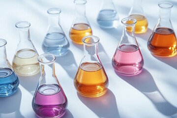 Colorful laboratory flasks filled with various liquids on a clean surface in daylight