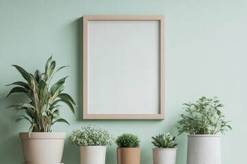 Wall Mural - serene display of potted plants against soft green wall, featuring blank frame ready for personalization. This setup brings touch of nature indoors, creating calming atmosphere