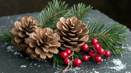 Pinecones with red berries, isolated on a dark slate background, with a small dusting of snow and sprigs of pine needles