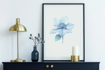 stylish interior featuring framed blue flower artwork, modern lamp, and decorative elements on dark cabinet. serene atmosphere enhances aesthetic appeal