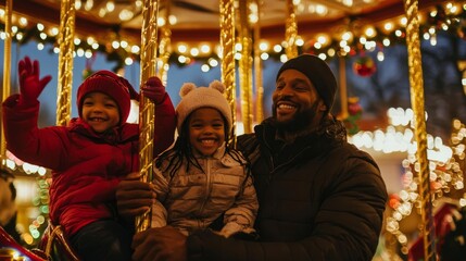 Joyful moment of a father and two daughters on a carousel, festive lights surrounding them at night.