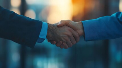 Two business professionals shake hands in agreement, symbolizing partnership and collaboration.