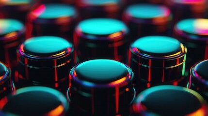 A close-up of glossy, round objects arranged in a grid, illuminated with vibrant blue and red lighting, creating a visually striking abstract pattern.