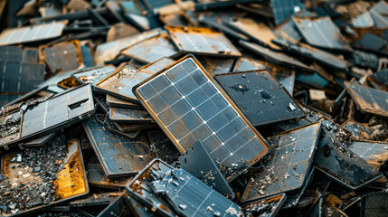 Pile of broken solar panels. Scene is one of destruction and waste. The broken solar panels are scattered throughout the pile, and the overall scene is chaotic and disorganized