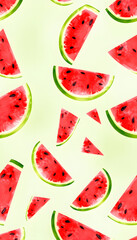 Wall Mural - Watermelon watercolor digital paper seamless pattern summer background isolated with white highlights, png