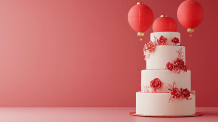 Traditional Wedding Chinese-inspired cake with pagoda design on red background