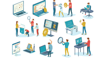
Software testing process. People looking for mistakes and web bugs in applications and computer programs.
