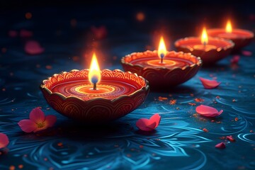 vector illustration of colorful mandala design with glowing diwali oil lamps. diwali festival