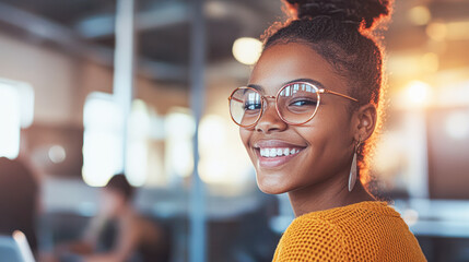 Sticker - A woman with glasses is smiling and looking at the camera