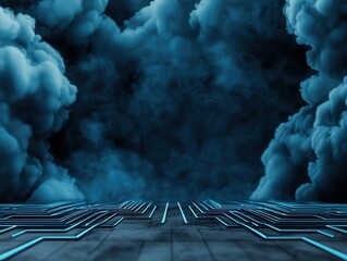 Floating blueprint of cloud systems projected over a cyber datacenter, tech fantasy art