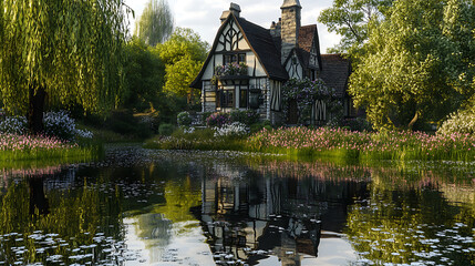 Tudor style house is beautifully reflected in tranquil pond, surrounded by lush greenery and vibrant flowers, creating serene and picturesque scene