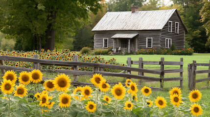 rustic farmhouse surrounded by vibrant sunflowers and wooden fence creates picturesque rural scene. charming log cabin and blooming flowers evoke sense of tranquility and warmth