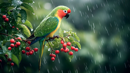 colorful parrot perched on a branch with red berries during rainfall, vibrant tropical bird with rai