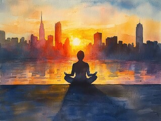 Peaceful Meditation at Sunset Over City Skyline