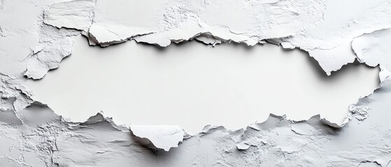 Close-up of textured white wall with torn paper revealing empty space, ideal for design or background use.