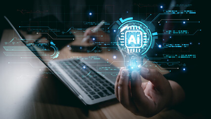 Wall Mural - businessman interact with ai artificial intelligence brain processor in concept of ai artificial int