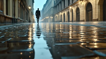 A solitary figure walks down a wet, cobblestone street under the glow of streetlights, AI