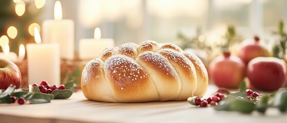 Freshly baked bread on a wooden board surrounded by candles and festive decorations.