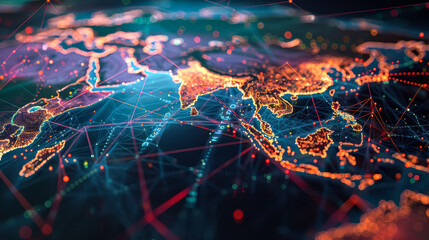 Wall Mural - colorful map of the world with many lines and dots. the map is lit up with a variety of colors, givi