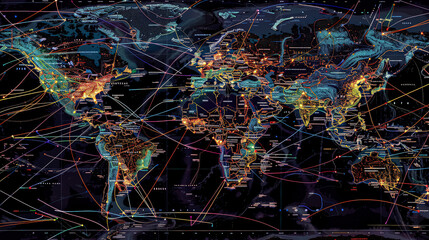 Wall Mural - colorful map of the world with many lines and dots. the map is lit up with a variety of colors, givi