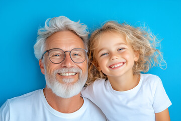 Grandfather and granddaughter smiling together against a bright blue background