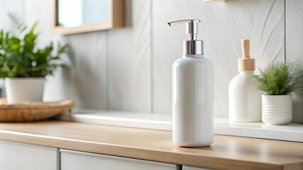 Elegant white bottle on wooden countertop, modern bathroom setting.