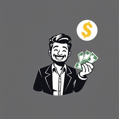 A smiling man in a suit holding cash with a dollar sign above him representing wealth and success